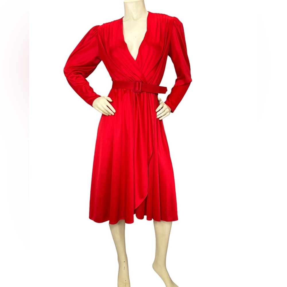 BY BERKELEY Vintage 70s 80s Red Belted Long Sleeve V Neck Wrap Skirt Party Dress